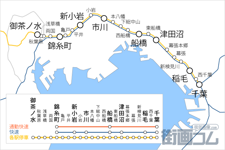 中央総武線(御茶ノ水～千葉間)の路線図と停車駅