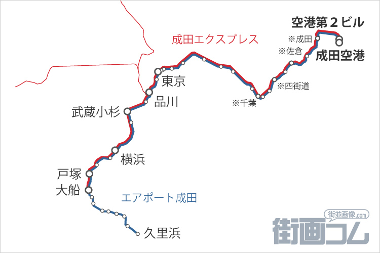 快速「エアポート成田」の運転区間と路線図