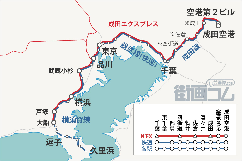 成田線「快速」の停車駅と路線図（横須賀線・総武線（快速）～成田線）