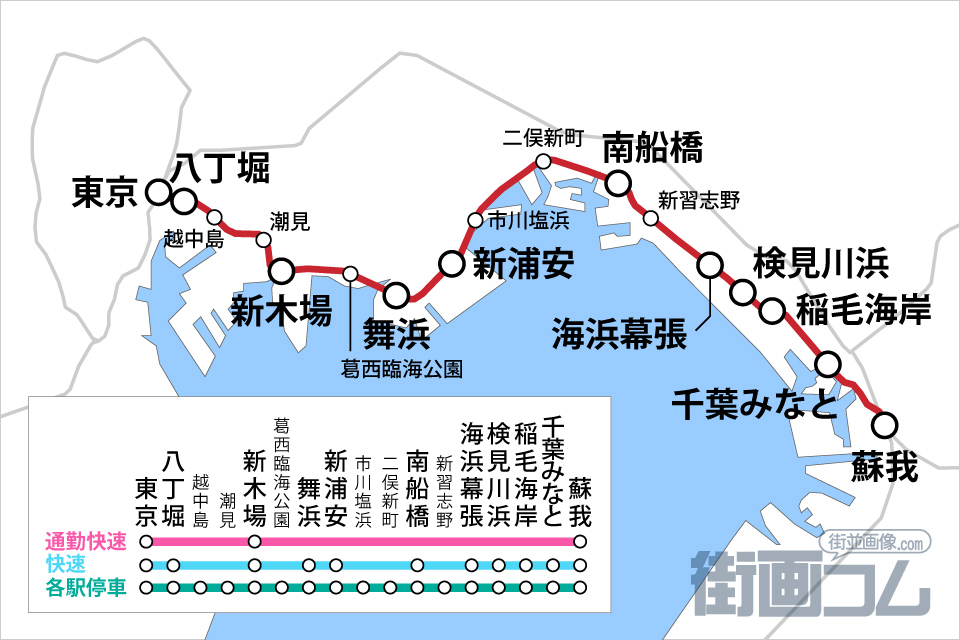 京葉線(東京～蘇我間)の路線図と停車駅