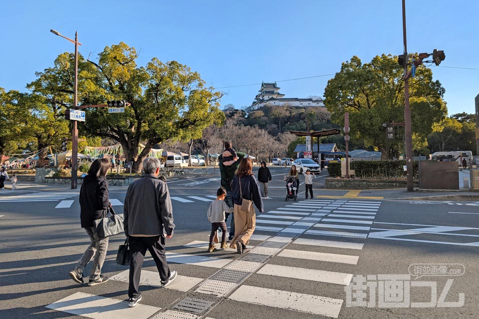 和歌山城西の丸に渡る横断歩道の写真。奥に和歌山城天守閣をのぞむ