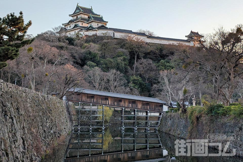 和歌山城の外堀から見る「御橋廊下」と天守閣