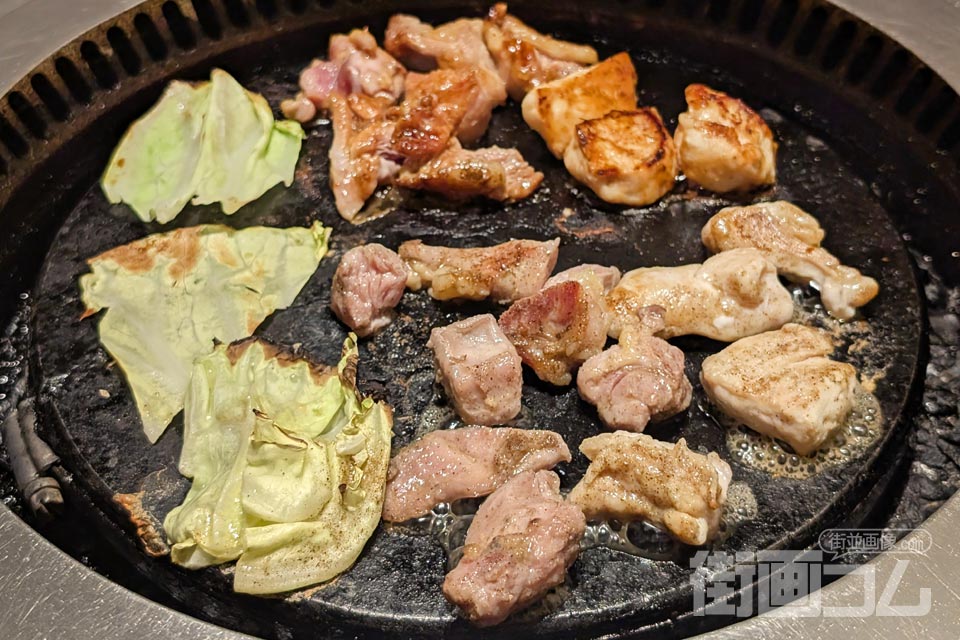溶岩焼きプレートに鶏肉（塩味・タレ味）を焼いて焼き目が付いた写真