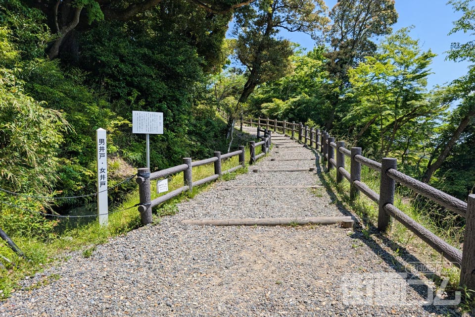 「男井戸・女井戸」の標柱と案内板が立つ遊歩道