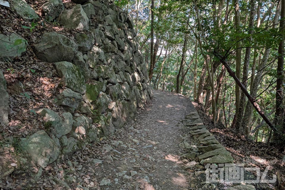 苔むした石垣に沿って続く山道